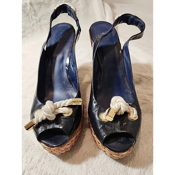 Tory Burch Navy Blue Patent Rope Bow Wedge Slingback Peep Toe Sandals Womens 10 - Picture 4 of 11